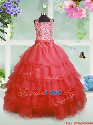 Floor Length Ball Gowns Sleeveless Coral Red Little Girls Pageant Dress Wholesale Zipper