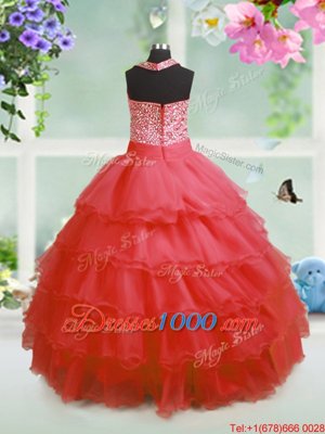 Floor Length Ball Gowns Sleeveless Coral Red Little Girls Pageant Dress Wholesale Zipper