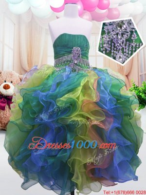 Charming Strapless Sleeveless Zipper Little Girls Pageant Gowns Multi-color Organza