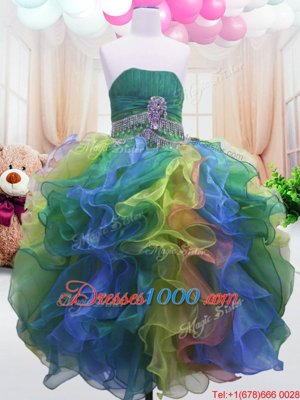 Charming Strapless Sleeveless Zipper Little Girls Pageant Gowns Multi-color Organza