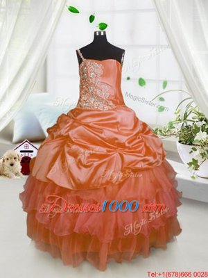 Pick Ups Ruffled One Shoulder Sleeveless Lace Up Womens Party Dresses Orange Satin and Tulle