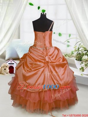 Pick Ups Ruffled One Shoulder Sleeveless Lace Up Womens Party Dresses Orange Satin and Tulle