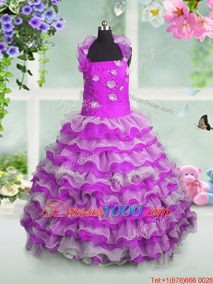 Dramatic Sleeveless Organza Floor Length Lace Up Pageant Gowns For Girls in Fuchsia for with Beading and Appliques and Ruffled Layers