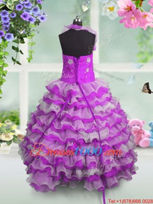 Dramatic Sleeveless Organza Floor Length Lace Up Pageant Gowns For Girls in Fuchsia for with Beading and Appliques and Ruffled Layers