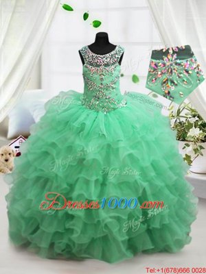 Scoop Apple Green Lace Up Kids Formal Wear Beading and Ruffled Layers Sleeveless Floor Length