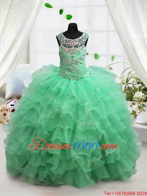 Scoop Apple Green Lace Up Kids Formal Wear Beading and Ruffled Layers Sleeveless Floor Length