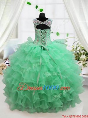 Scoop Apple Green Lace Up Kids Formal Wear Beading and Ruffled Layers Sleeveless Floor Length