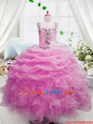 Pink Sleeveless Floor Length Beading and Ruffles and Pick Ups Zipper Little Girl Pageant Gowns