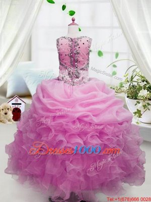 Pink Sleeveless Floor Length Beading and Ruffles and Pick Ups Zipper Little Girl Pageant Gowns