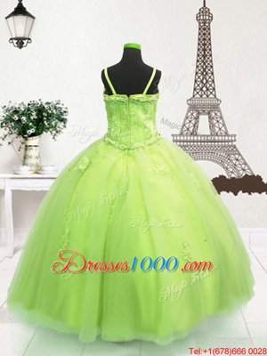 Tulle Spaghetti Straps Sleeveless Zipper Beading and Appliques Little Girls Pageant Dress in Yellow Green