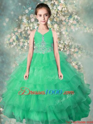 Halter Top Sleeveless Floor Length Beading and Ruffles Zipper Little Girl Pageant Gowns with Teal