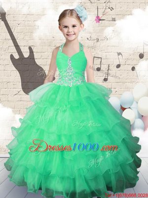 Green Ball Gowns Organza Halter Top Sleeveless Beading and Ruffled Layers Floor Length Lace Up Pageant Gowns For Girls