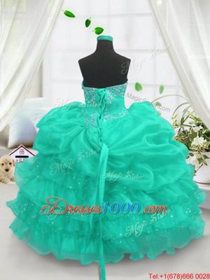 Turquoise Organza Lace Up Sweetheart Sleeveless Floor Length Pageant Gowns For Girls Beading and Ruffled Layers and Pick Ups