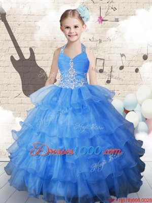 Customized Halter Top Organza Sleeveless Floor Length Little Girls Pageant Dress and Beading and Ruffled Layers