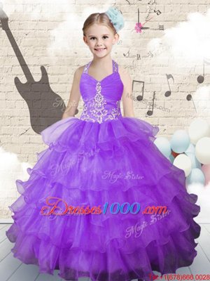 Halter Top Sleeveless Party Dress Floor Length Beading and Ruffled Layers Lavender Organza