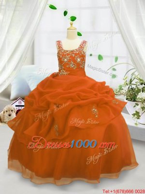 Pick Ups Straps Sleeveless Lace Up Little Girl Pageant Gowns Orange Organza