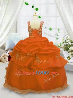 Pick Ups Straps Sleeveless Lace Up Little Girl Pageant Gowns Orange Organza