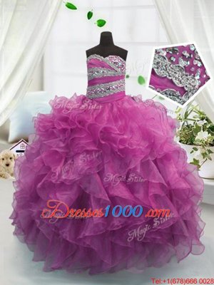 Fuchsia Ball Gowns Beading and Ruffles Party Dress for Toddlers Lace Up Organza Sleeveless Floor Length