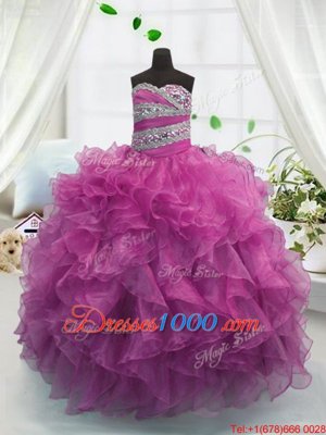 Fuchsia Ball Gowns Beading and Ruffles Party Dress for Toddlers Lace Up Organza Sleeveless Floor Length