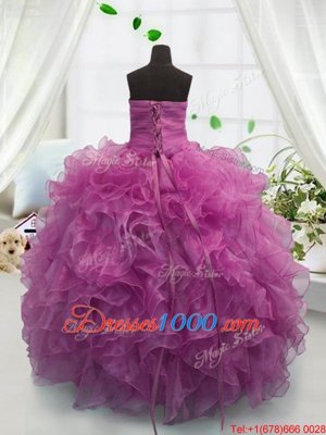 Fuchsia Ball Gowns Beading and Ruffles Party Dress for Toddlers Lace Up Organza Sleeveless Floor Length
