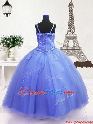 Perfect Blue Tulle Zipper Spaghetti Straps Sleeveless Floor Length Kids Formal Wear Beading and Hand Made Flower