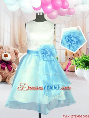 New Style Scoop Knee Length Zipper Flower Girl Dress Light Blue and In for Military Ball and Sweet 16 and Quinceanera with Hand Made Flower