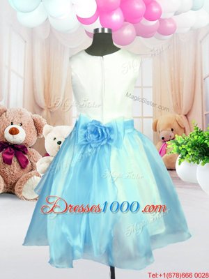 New Style Scoop Knee Length Zipper Flower Girl Dress Light Blue and In for Military Ball and Sweet 16 and Quinceanera with Hand Made Flower