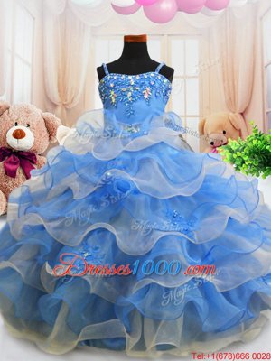 Organza Spaghetti Straps Sleeveless Zipper Beading and Ruffled Layers Custom Made in Blue