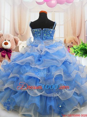 Organza Spaghetti Straps Sleeveless Zipper Beading and Ruffled Layers Custom Made in Blue
