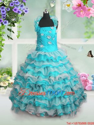 Stunning Blue And White Straps Lace Up Beading and Appliques and Ruffled Layers Little Girls Pageant Gowns Sleeveless