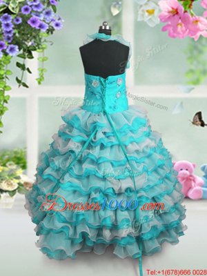 Stunning Blue And White Straps Lace Up Beading and Appliques and Ruffled Layers Little Girls Pageant Gowns Sleeveless