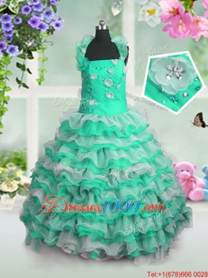 Green Organza Lace Up Party Dresses Sleeveless Floor Length Beading and Appliques and Ruffled Layers