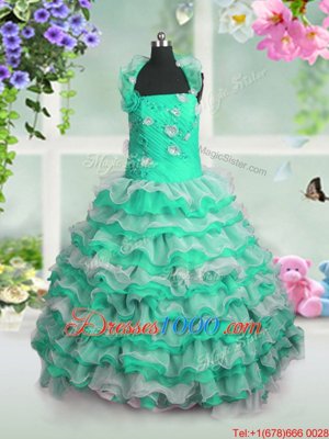 Green Organza Lace Up Party Dresses Sleeveless Floor Length Beading and Appliques and Ruffled Layers