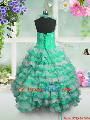 Green Organza Lace Up Party Dresses Sleeveless Floor Length Beading and Appliques and Ruffled Layers