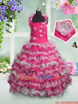 High End Hot Pink Straps Lace Up Beading and Appliques and Ruffled Layers Party Dress Sleeveless