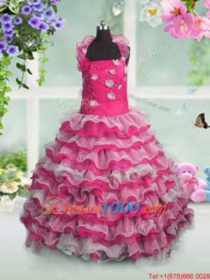 High End Hot Pink Straps Lace Up Beading and Appliques and Ruffled Layers Party Dress Sleeveless