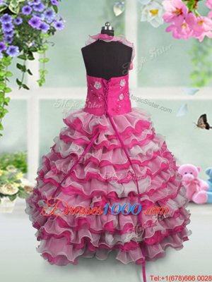 High End Hot Pink Straps Lace Up Beading and Appliques and Ruffled Layers Party Dress Sleeveless
