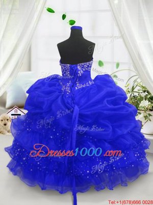 Royal Blue Sleeveless Beading and Ruffled Layers and Pick Ups Floor Length Kids Pageant Dress