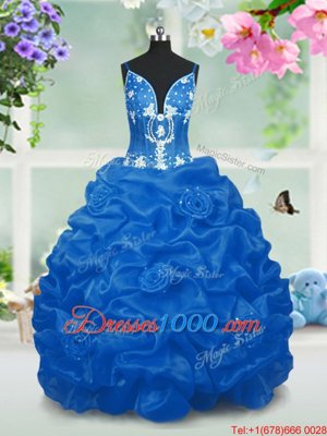 High Class Aqua Blue Taffeta Lace Up V-neck Sleeveless Floor Length Juniors Party Dress Beading and Pick Ups