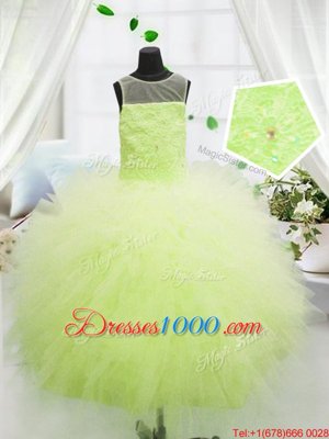 Super Yellow Green Zipper Scoop Beading and Appliques Little Girls Pageant Gowns Tulle Sleeveless