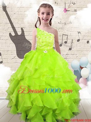 Lovely One Shoulder Sleeveless Little Girl Pageant Dress Floor Length Beading and Ruffles Yellow Green Organza
