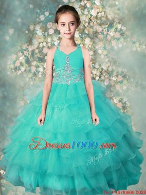Nice Ruffled Halter Top Sleeveless Zipper Little Girls Pageant Gowns Turquoise Organza
