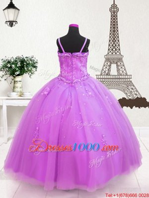 Beading and Appliques Little Girls Pageant Gowns Lilac Zipper Sleeveless Floor Length