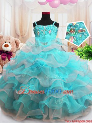 New Arrival Aqua Blue Ball Gowns Beading and Ruffled Layers Pageant Gowns For Girls Zipper Organza Sleeveless Floor Length