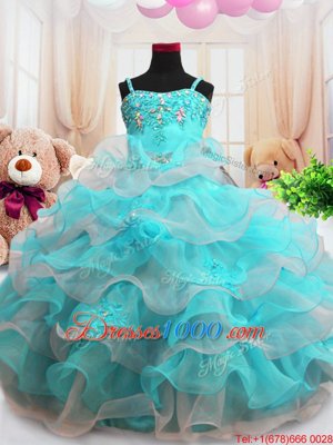 New Arrival Aqua Blue Ball Gowns Beading and Ruffled Layers Pageant Gowns For Girls Zipper Organza Sleeveless Floor Length