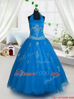 Aqua Blue Lace Up Halter Top Appliques Pageant Gowns For Girls Tulle Sleeveless