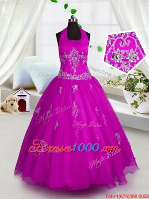 Lovely Fuchsia A-line Halter Top Sleeveless Tulle Floor Length Lace Up Appliques Child Pageant Dress