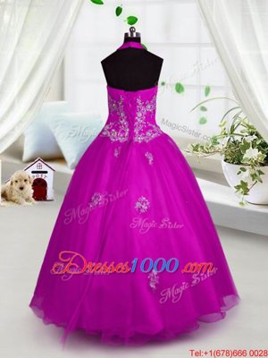 Lovely Fuchsia A-line Halter Top Sleeveless Tulle Floor Length Lace Up Appliques Child Pageant Dress