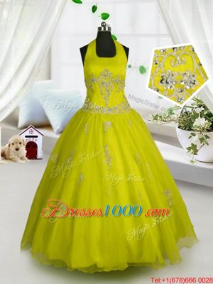 A-line Party Dress for Toddlers Yellow Halter Top Tulle Sleeveless Floor Length Lace Up