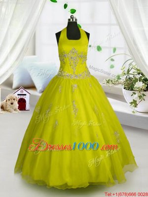 A-line Party Dress for Toddlers Yellow Halter Top Tulle Sleeveless Floor Length Lace Up